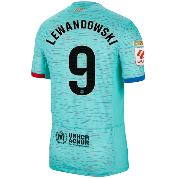 Nike Barcelona Robert Lewandowski Third Jersey w/ La Liga Champion Patches 23/24 (Light Aqua/Royal Blue)