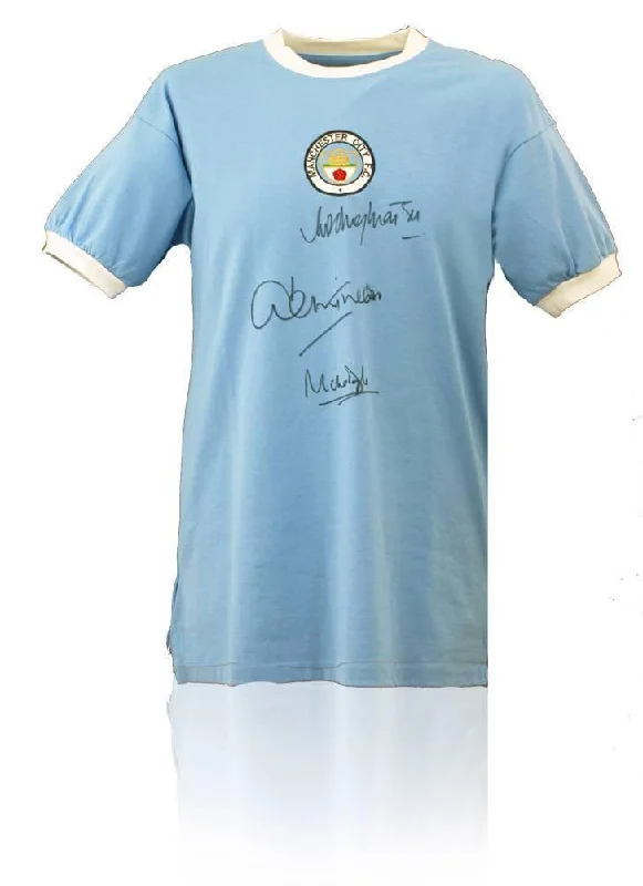 Manchester City 1970's Retro Shirt hand signed by Marsh Tueart & Doyle AFTAL COA