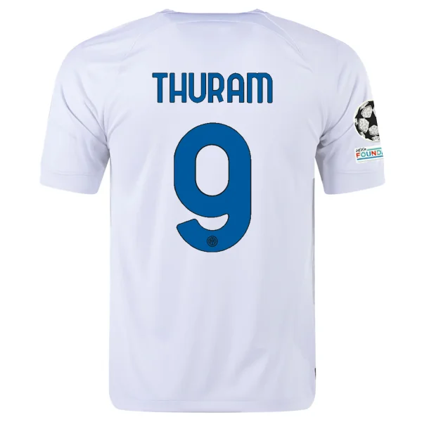 Nike Inter Milan Marcus Thuram Away Jersey w/ Champions League + Copa Italia Patches 23/24 (White/Lyon Blue)