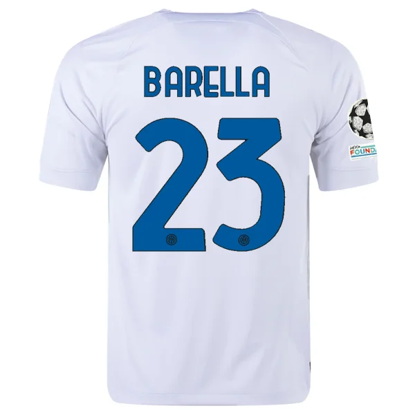 Nike Inter Milan Nicolò Barella Away Jersey w/ Champions League + Copa Italia Patches 23/24 (White/Lyon Blue)