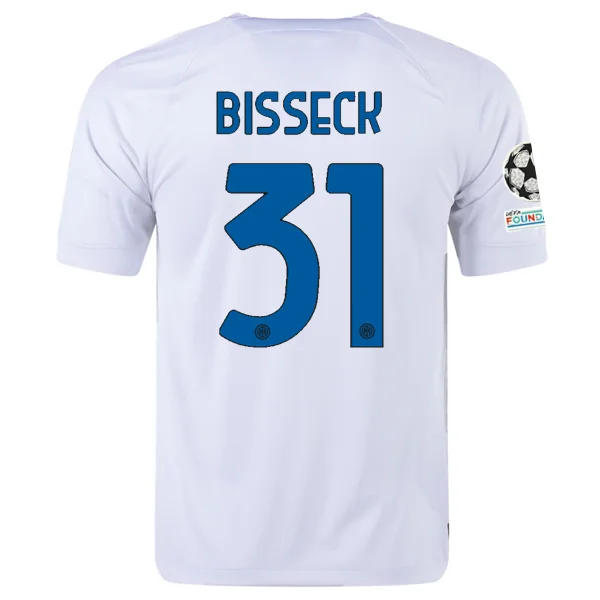 Nike Inter Milan Yann Aurel Bisseck Away Jersey w/ Champions League + Copa Italia Patches 23/24 (White/Lyon Blue)